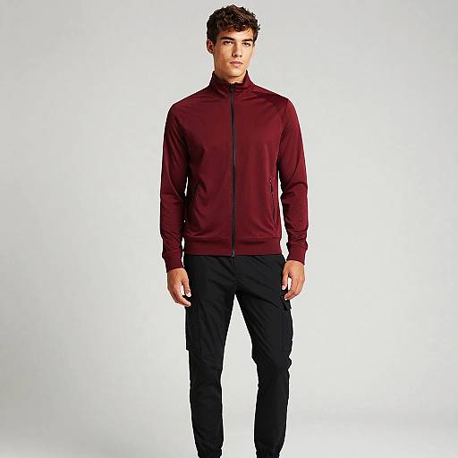 Photograph of a young man with short curly brown hair, wearing a maroon zip-up jacket and black pants, standing against a plain white background.