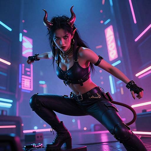 Fierce Female Demon in Neon Cyberpunk