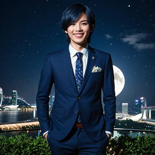 Young Man in Blue Suit at Night in Singapore