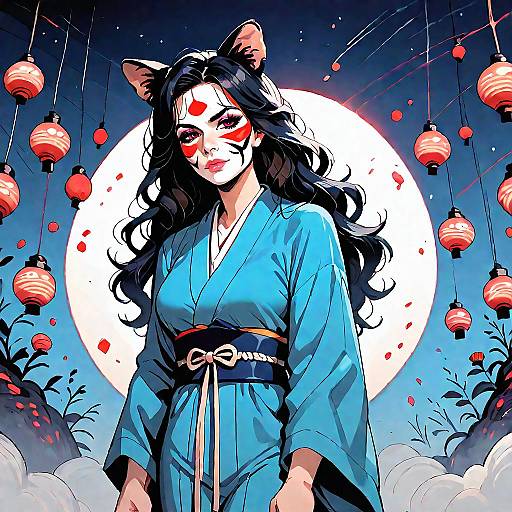 Japanese Woman with Face Paint and Kimono at Night