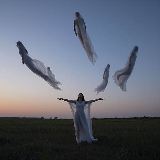 Photograph of a woman in a flowing white dress, arms outstretched, surrounded by ethereal, ghost-like fabric figures, against a twilight sky