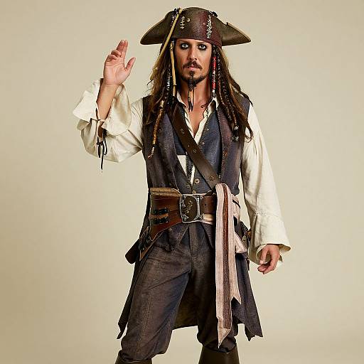 Photograph of a man dressed as a pirate, wearing a tricorn hat, white shirt, black vest, and pants, with long dreadlocks and