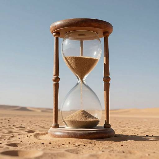 Photograph of an antique wooden hourglass with golden sand, standing in a sunlit, endless desert under a clear blue sky.
