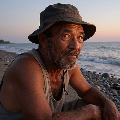 Photograph of an older, weathered man with a gray beard and hat, wearing a tank top, sitting on a rocky beach at sunset, looking
