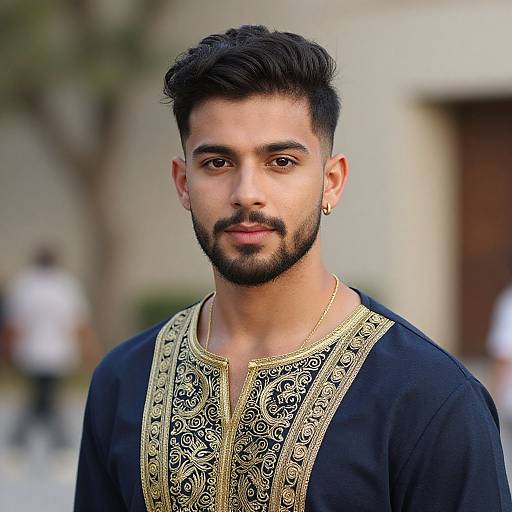 Photograph of a young South Asian man with a trimmed beard, dark hair, and brown eyes, wearing a black traditional shirt with gold embroidery, standing