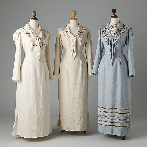 Photograph of three vintage women's dresses on mannequins: white with floral embroidery, cream with lace, and light blue with striped hem.