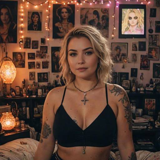 Smiling Plus Size Blonde Woman with Tattoos in Black Lingerie