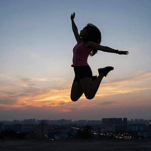 Silhouetted child jumps joyfully against a colorful sunset sky, with city skyline and distant buildings in the background. Photograph.