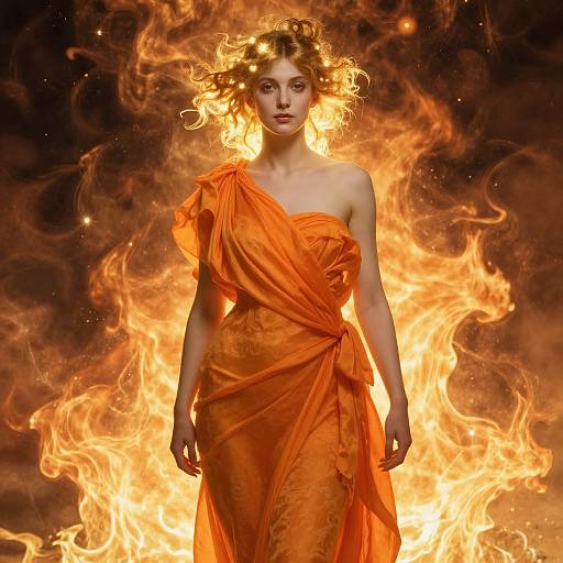 Photograph-style digital artwork of a fiery-haired, pale-skinned woman in a vibrant orange, one-shoulder draped dress, standing amidst intense flames