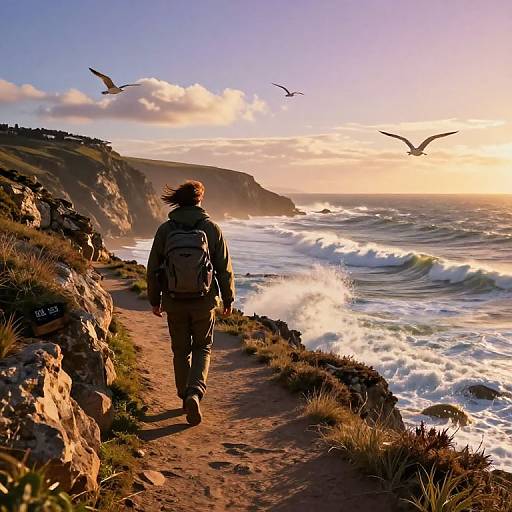 Photograph of a person with a backpack walking a coastal cliff path at sunset, waves crashing, seagulls flying, golden sunlight.