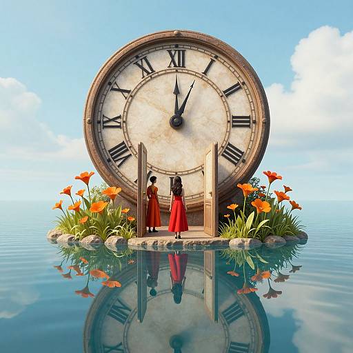 Digital artwork of two women in red and black dresses standing before a giant clock submerged in water, surrounded by orange flowers, with a clear blue sky and