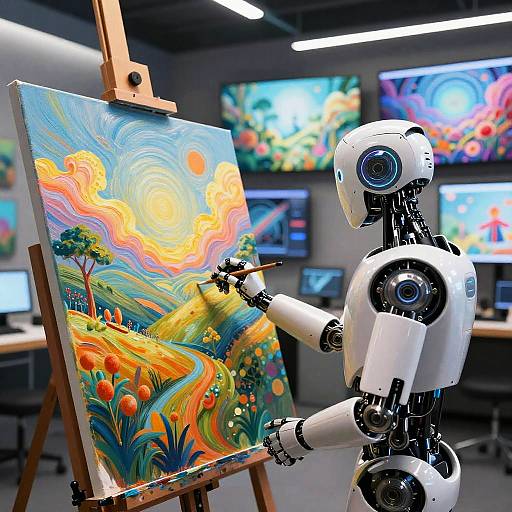 Photograph of a white robot with blue eyes painting a vibrant, swirling, Van Gogh-style landscape on an easel in a modern, brightly lit