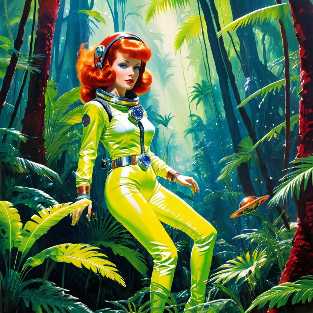 Red-Haired Astronaut in Alien Jungle