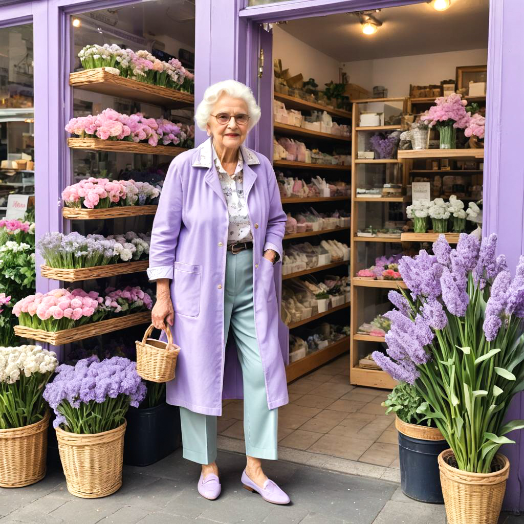 Elderly Woman in Lavender Loafers at Flower Shop