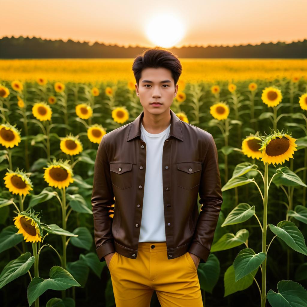 Stunning Asian Man in Sunflower Field