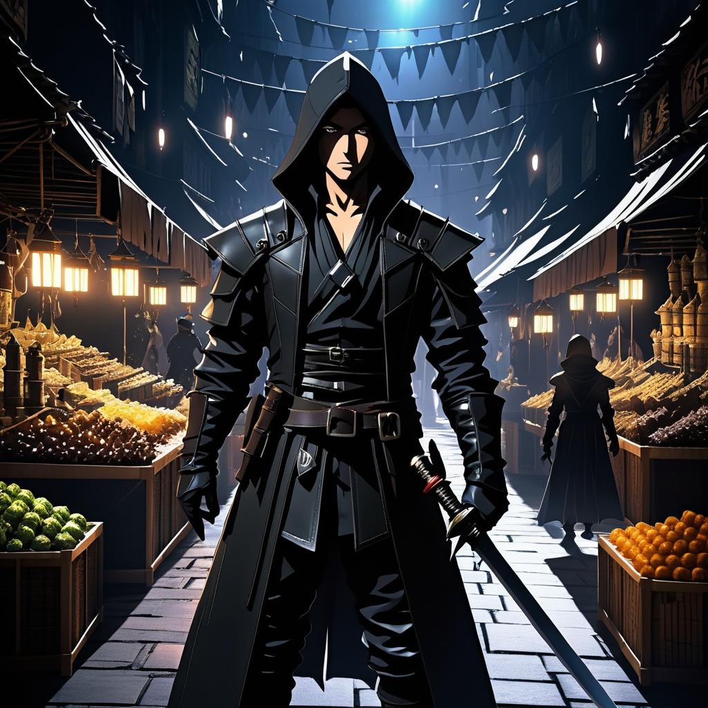 Shadowy Rogue in Dark Marketplace Scene