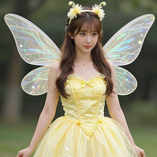 Photograph of an Asian woman with long brown hair, wearing a yellow fairy dress, iridescent wings, and flower headband, standing in a