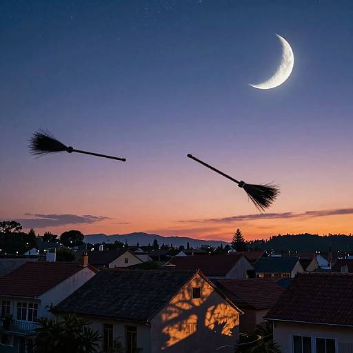 Photograph of a twilight sky with a crescent moon, two flying broomsticks, and silhouetted suburban houses with colorful sunset hues.