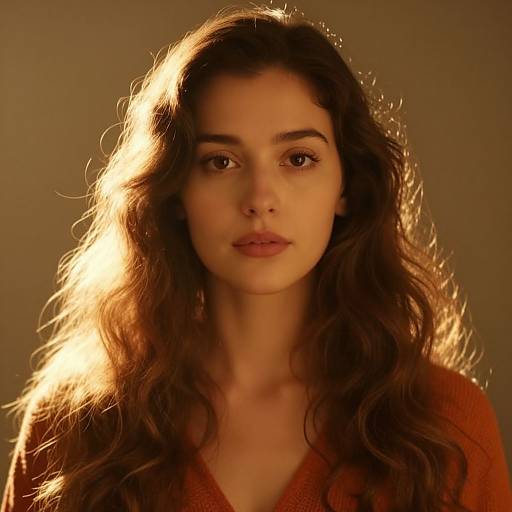 Photograph of a young woman with long, wavy brown hair, illuminated from the side, wearing an orange V-neck top, against a dark,