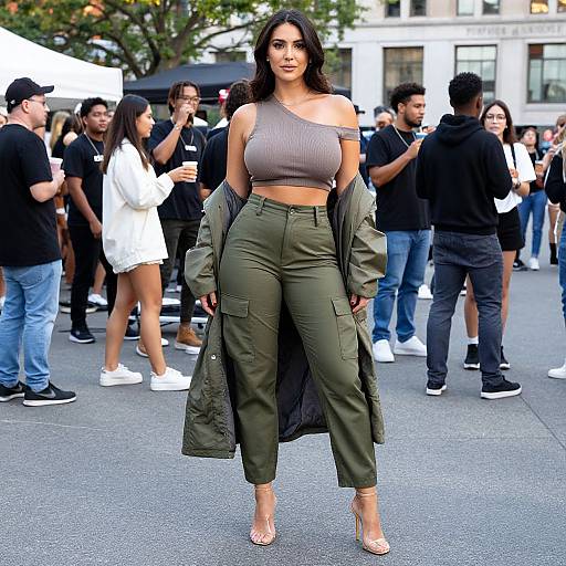 Photograph of a curvy Latina woman with long dark hair, wearing a gray off-shoulder crop top, olive green pants, and transparent heels