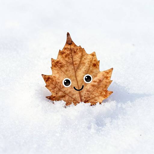 Digital drawing of a cute, brown autumn leaf with big black eyes and a small smile, resting on a snowy white background.