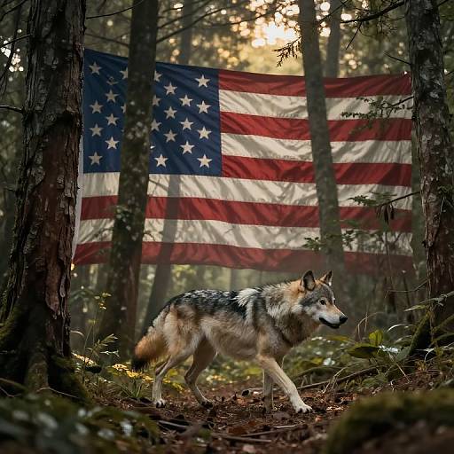 Photograph of a wolf with gray, black, and white fur walking through a forest, with an American flag draped between trees in the background. Sun