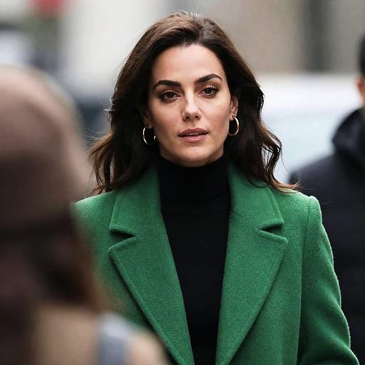 Woman in Green Coat with Gold Hoop Earrings