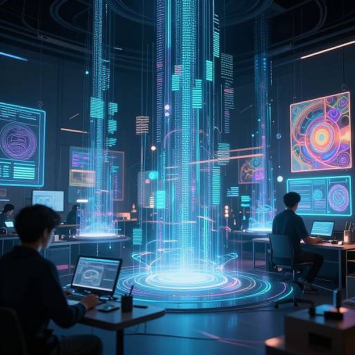 Digital art of a futuristic, neon-lit control room with two silhouetted figures working at laptops, surrounded by glowing blue and pink holographic