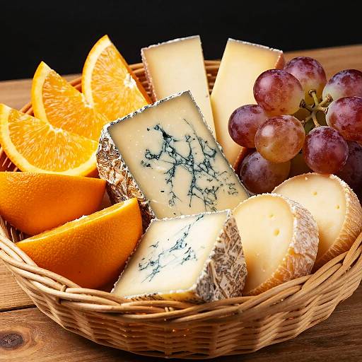 Colorful Cheese and Fruit Basket Close-Up