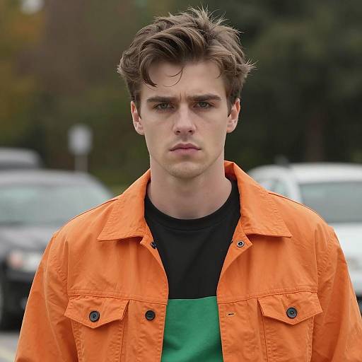 Serious Young Man in Orange Jacket