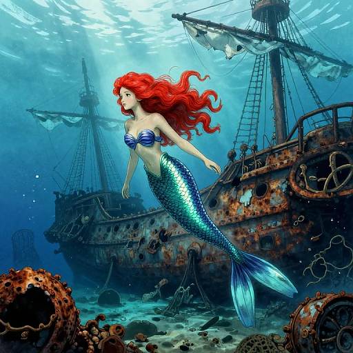 Digital illustration of a red-haired mermaid with blue and white seashell top, and shimmering blue-green fish-scale tail, swimming among sunken