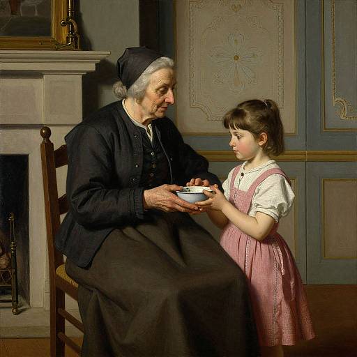 Photorealistic painting of elderly woman in black dress and headscarf, holding bowl, teaching young girl in pink dress, standing in ornately pane