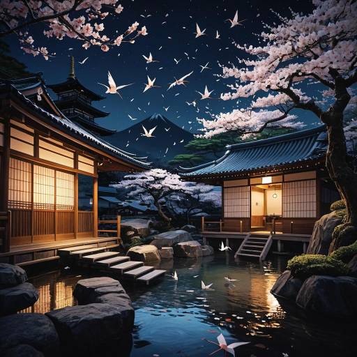 Nighttime Traditional Japanese Onsen with Paper Cranes