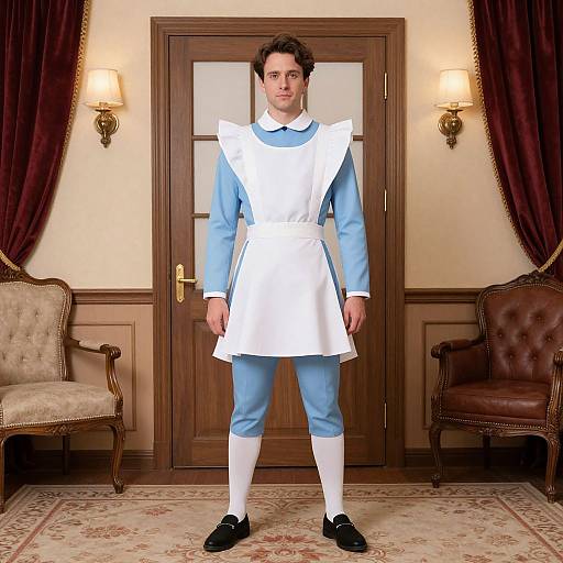 Photograph of a young man in a Victorian-style blue and white maid outfit, standing in a wooden-paneled room with vintage chairs and wall scon