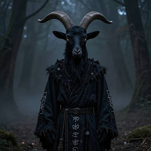 Photograph of a menacing black goat with large curved horns, wearing a dark fur robe with white symbols, standing in a foggy, dark forest.