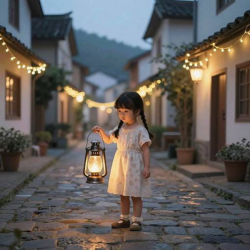 Charming Girl with Lantern in Village