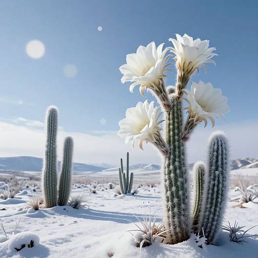 Photograph of a snowy desert landscape with tall, white-flowered saguaro cactus, surrounded by snow-covered ground, and various cacti