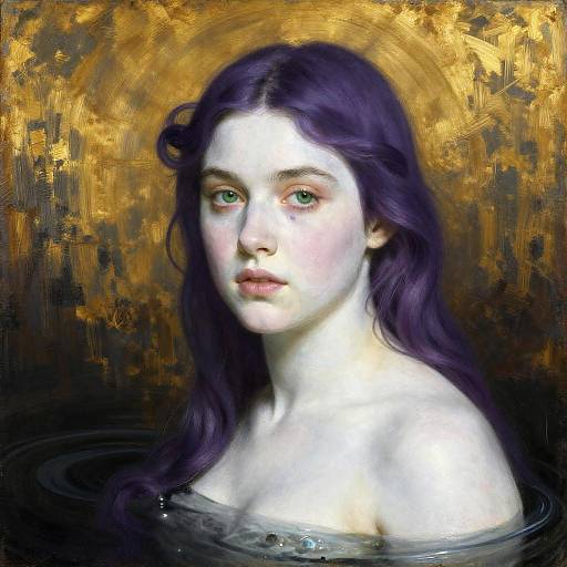 Digital painting of a pale-skinned woman with long purple hair, green eyes, and a golden halo, partially submerged in water.