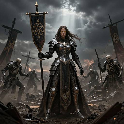 Digital fantasy artwork of a fierce, armored woman holding a dark flag with a pentagram, standing amidst skeletal warriors and battle wreckage under a stormy sky