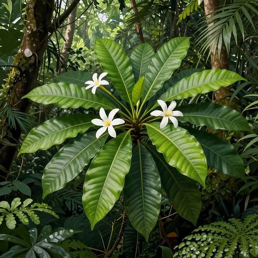 Photograph of a lush jungle scene featuring a large green plant with broad, shiny leaves and three white, five-petaled flowers at its center.
