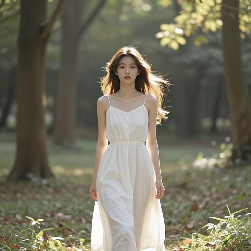 Photograph of a young Asian woman with long brown hair, wearing a white sundress, walking through a sunlit forest, trees blurred in the background