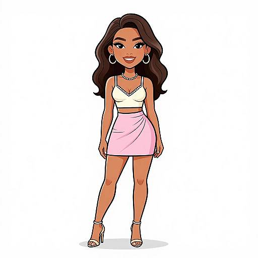 Digital cartoon of a smiling woman with long dark hair, wearing a white crop top, pink skirt, hoop earrings, and white heels.