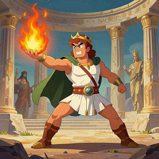 Digital cartoon of a muscular, brown-skinned hero in a white toga and green cape, holding a fiery orb, standing in a classical, stone