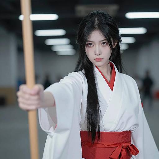 Focused Asian Woman in Industrial Kimono