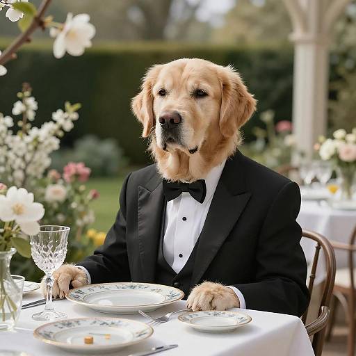 Golden Retriever in Tuxedo at Elegant Garden Dining