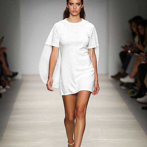 Photograph of a slender, dark-haired woman in a white, loose-fitting t-shirt dress, walking down a minimalist, brightly lit runway.