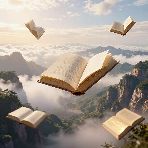 Photograph of five open books floating in a misty mountain landscape with sunlit clouds and lush greenery in the background.