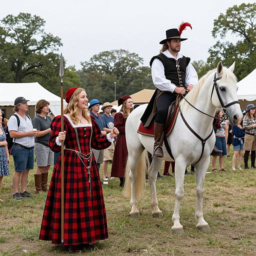 Photograph of a fair: a blonde woman in a red-black plaid dress stands beside a man in a white shirt and black vest, with a