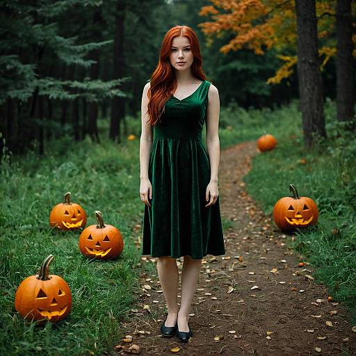 Young Woman in Green Velvet Dress with Halloween Pumpkins