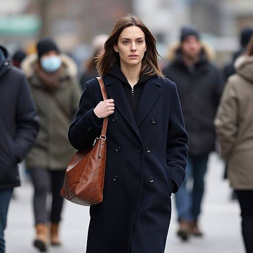 Photograph of a serious, fair-skinned woman with brown hair, wearing a black coat, brown leather bag, walking in a crowded, urban street